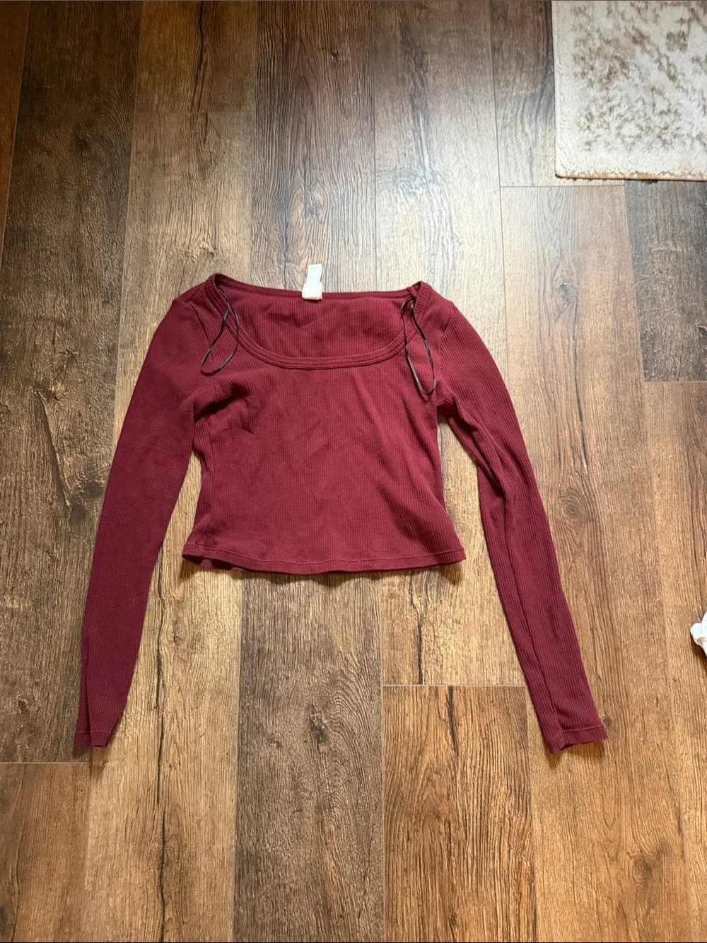 H&M Burgundy Ribbed Scoop-Neck Long Sleeve Top